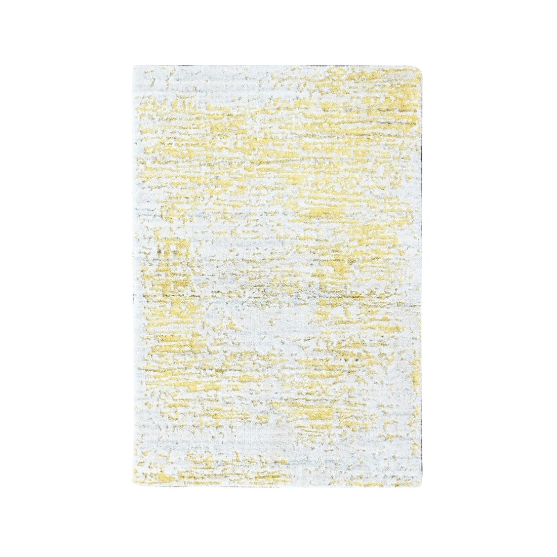 2'1"x3' Yellow Hand Loomed Wool & Silk Modern Design Mat Oriental Rug: 2'1"x3' Yellow Hand Loomed Wool & Silk Modern Design Mat Oriental Rug Yellow Hand Loomed Wool & Silk Modern Design Mat Oriental Rug boasts a vibrant yellow field with no border, adding a pop of color 