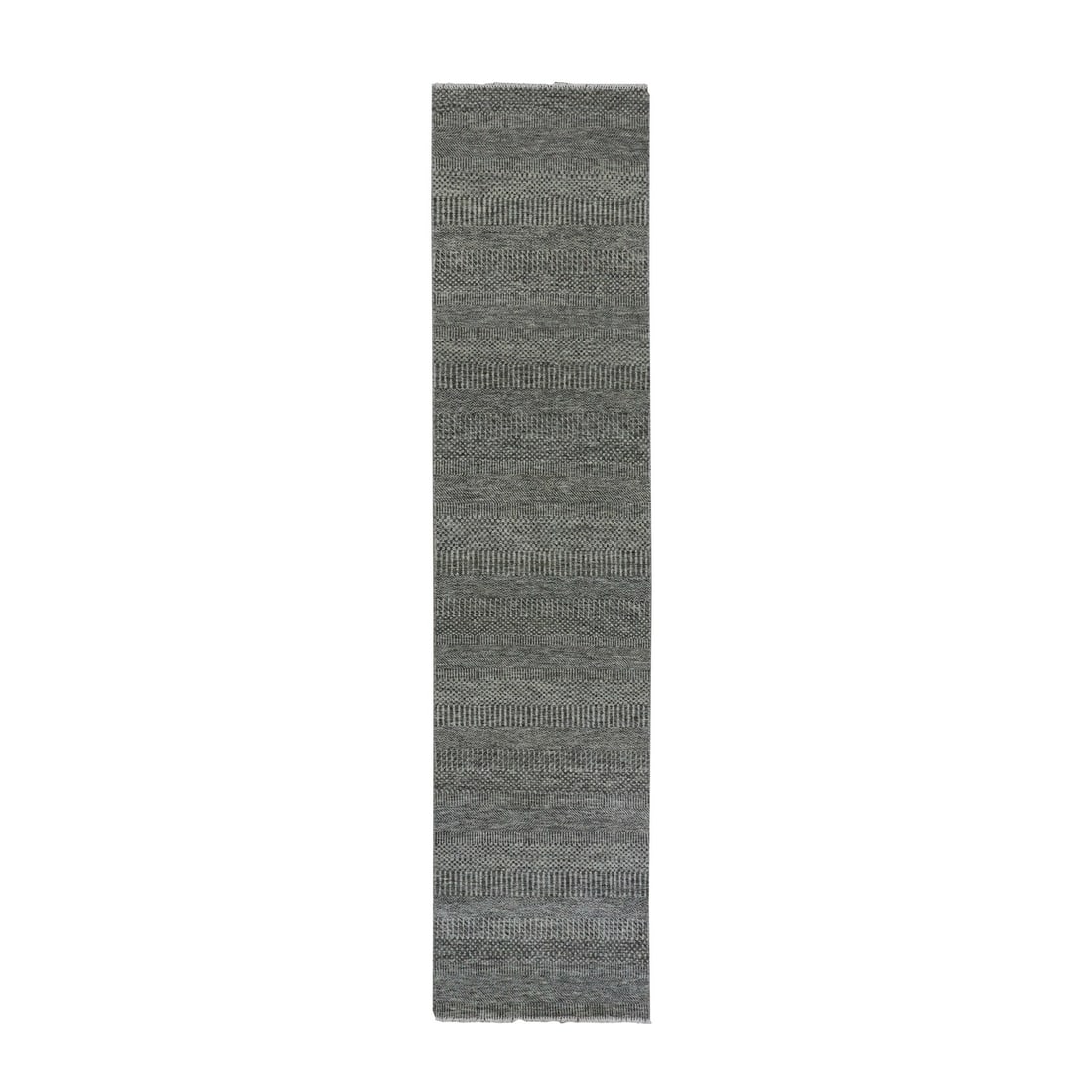 2'7"x11'8" Flint Gray Hand Knotted Grass Design Undyed Wool Runner Rug: 2'7"x11'8" Flint Gray Hand Knotted Grass Design Undyed Wool Runner Rug This unique, hand-knotted wool runner rug boasts an eye-catching Flint Gray color and intricate grass design. Made from 100% undy