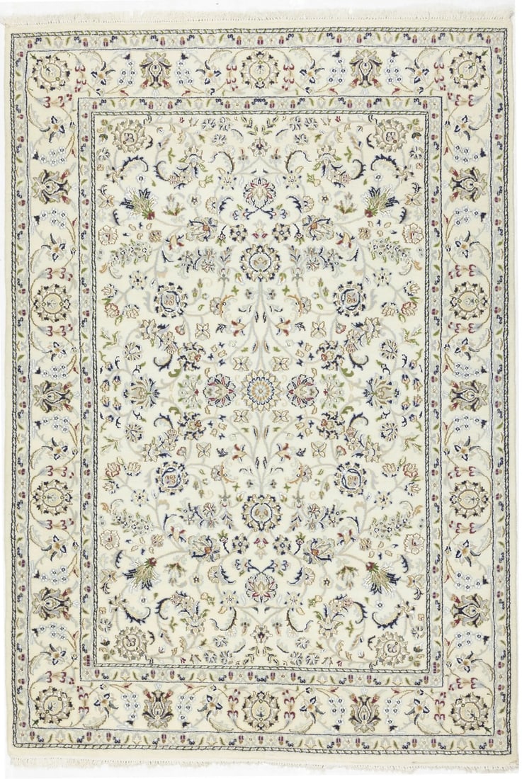 5'5X7'9 Classic Cream Floral Indo-Nain Rug Oriental Living Room Decor Carpet Hand-Knotted: 5'5X7'9 Classic Cream Floral Indo-Nain Rug Oriental Living Room Decor Carpet Hand-Knotted Hand-knotted in wool and silk, this 5'5 x 7'9 Classic Cream Floral Indo-Nain Rug boasts a traditional design w