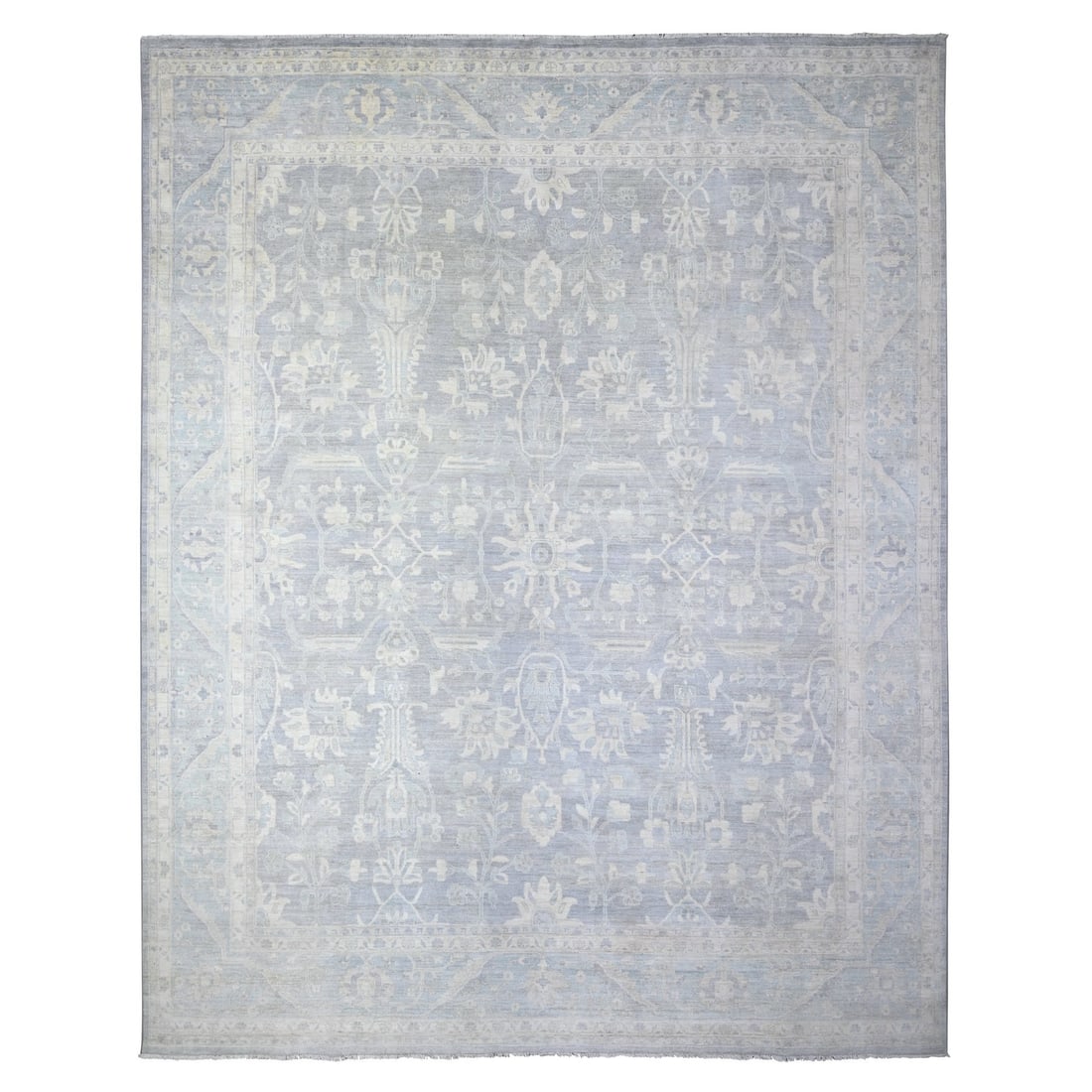 Hand knotted peshawar wool oversized gray washed out rug 11'9"x14'4: Hand knotted peshawar wool oversized gray washed out rug 11'9"x14'4 Oversized gray washed out peshawar wool rug boasts an impressive rectangular field with a subtle oriental design, crafted from hand-
