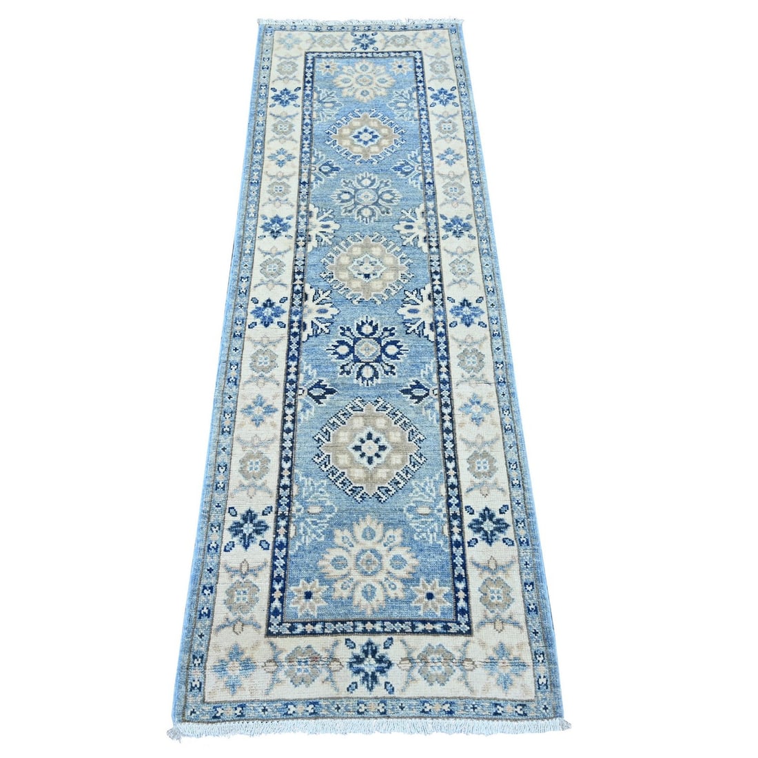 2'x6'1" Blue Vintage Look Kazak with Medallions Hand Knotted Wool Runner: 2'x6'1" Blue Vintage Look Kazak with Medallions Hand Knotted Wool Runner Blue Vintage Look Kazak with Medallions Hand Knotted Wool Runner features a stunning medallion pattern in rich blue hues, set a