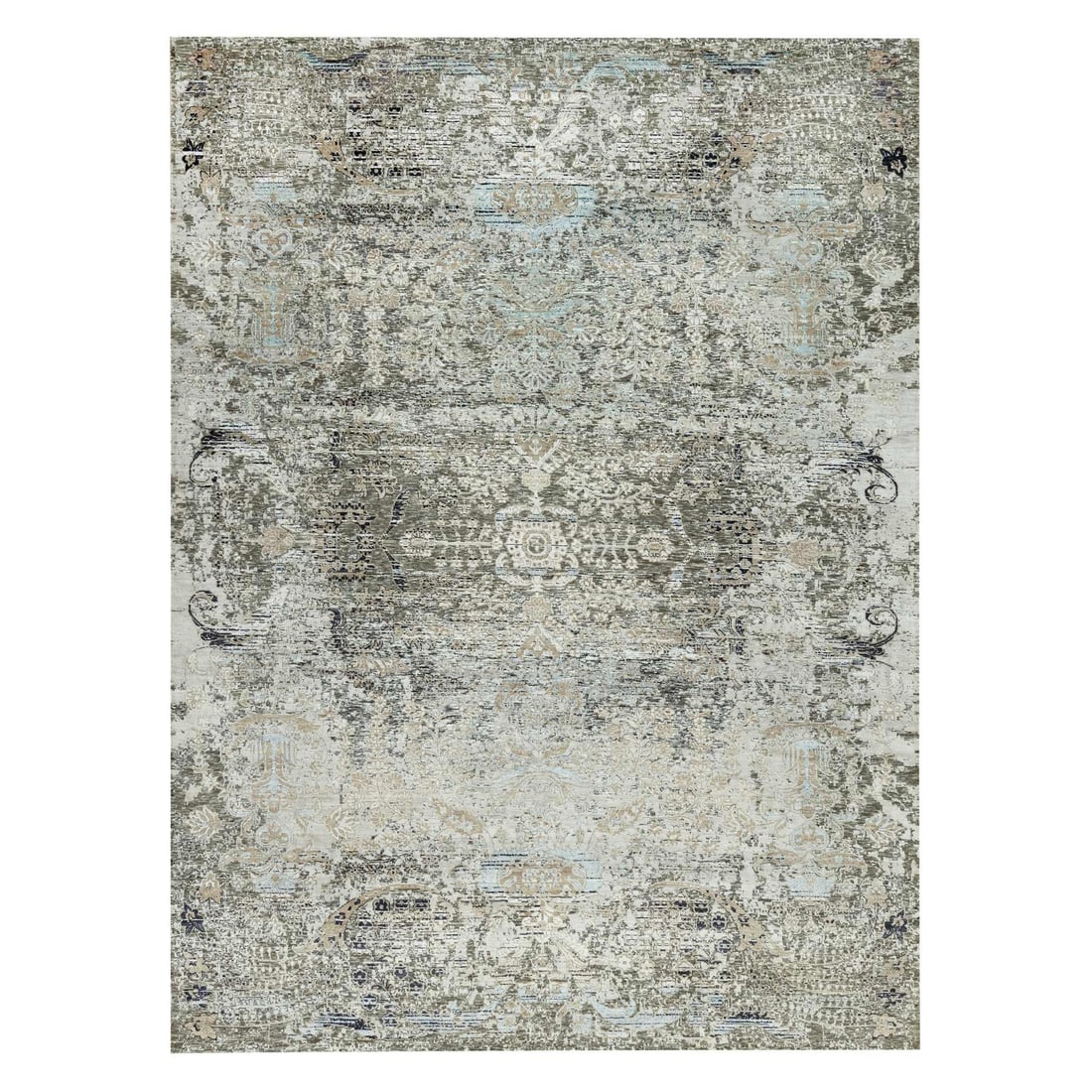 Hand knotted gray silk wool rug medallion design erased: Hand knotted gray silk wool rug medallion design erased Gray silk wool hand-knotted medallion design rug, featuring an intricate Oriental pattern in a rectangular field with no border. This flatweave 
