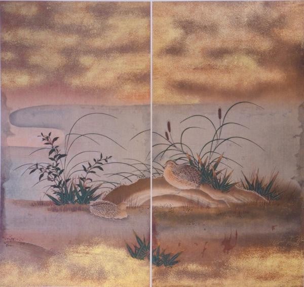 Tosa Mitsuoki Quails and Millet Screen Woodblock Print Toyo Bijutsu Taikan 1908 (1 of 1)