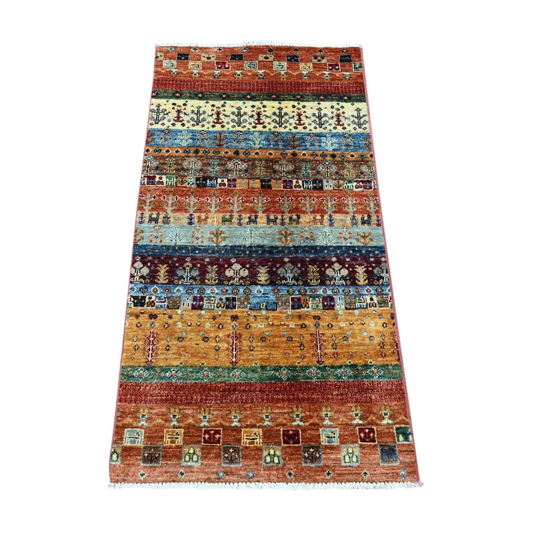 2'2"x4'3" Rust Red Kashkuli Animal Figurines Hand Knotted Mat Wool Rug: 2'2"x4'3" Rust Red Kashkuli Animal Figurines Hand Knotted Mat Wool Rug Rust red Kashkuli animal figurines adorn a hand-knotted mat wool rug with an all-over regional design in a vibrant, crimson hue. 