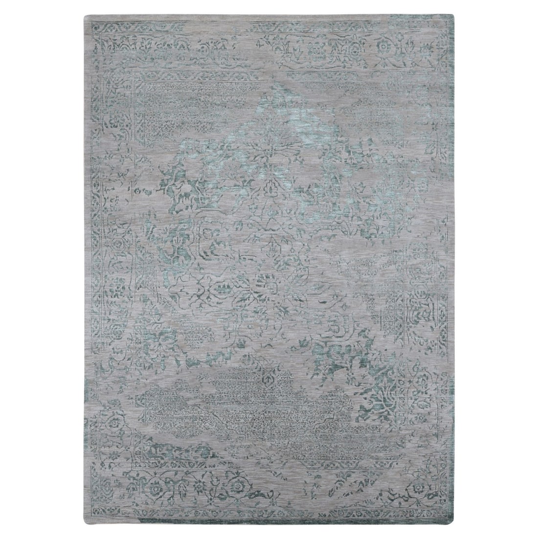 Tan Color Heris Design Hand Knotted Wool Silk Rug Broken 8'10"x12: Tan Color Heris Design Hand Knotted Wool Silk Rug Broken 8'10"x12 Hand-knotted with wool and silk, this stunning Heris design rug boasts a beautiful tan border surrounding its vibrant green field. Mea