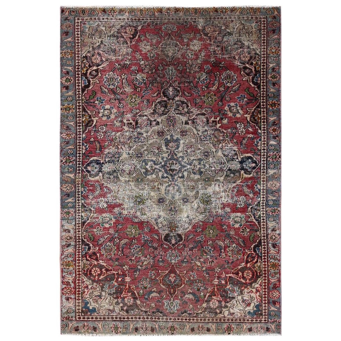 3'9"x6'7" Red Vintage Zoroastrian Tebraz Worn Down Wool Hand Knotted Rug (1 of 7)