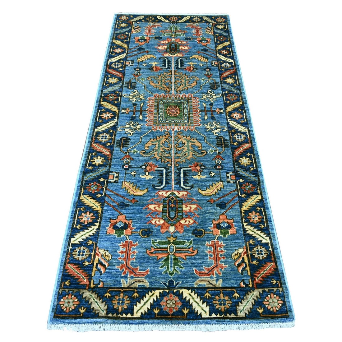 3'1"x7'8" Blue Heris Design Hand Knotted Pure Wool Runner Oriental Rug: 3'1"x7'8" Blue Heris Design Hand Knotted Pure Wool Runner Oriental Rug The Heris design hand knotted pure wool runner rug boasts an all-over blue field with subtle accents of yellow, ivory, green, rus