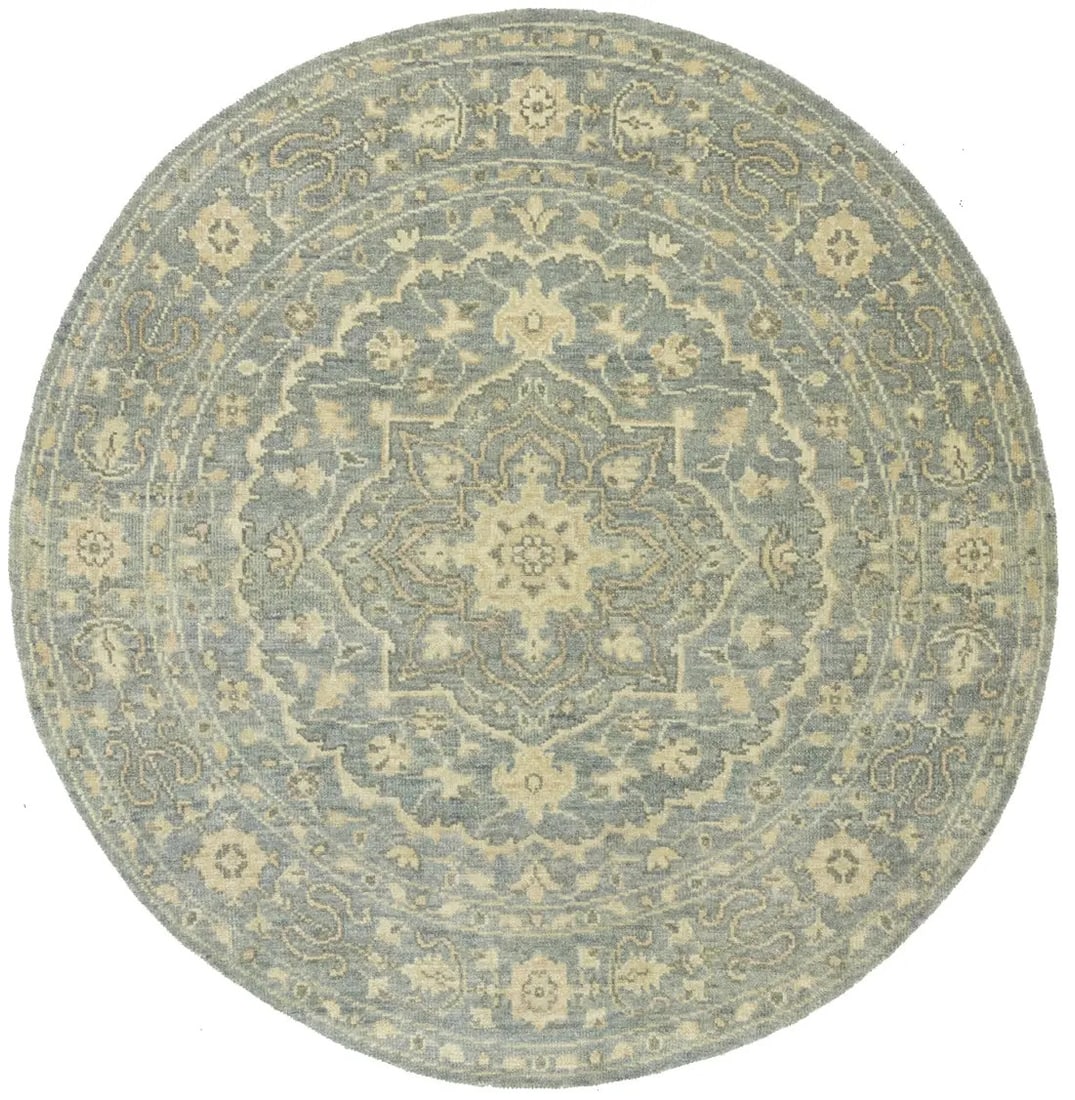6X6 Ft Transitional Round Oriental Rug Muted Gray Floral Style Home Decor Carpet Hand-Knotted: 6X6 Ft Transitional Round Oriental Rug Muted Gray Floral Style Home Decor Carpet Hand-Knotted Hand-knotted in wool, this 6x6 ft transitional round Oriental rug boasts a muted gray floral design on a c