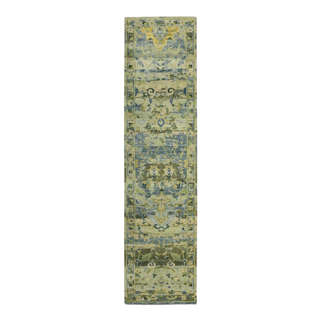 2'7"x10'6" Green Erased Birds Design Hand Knotted Pure Wool Runner Rug: 2'7"x10'6" Green Erased Birds Design Hand Knotted Pure Wool Runner Rug This stunning hand-knotted pure wool runner rug boasts an all-over green erased birds design in vibrant colors, set against a lus