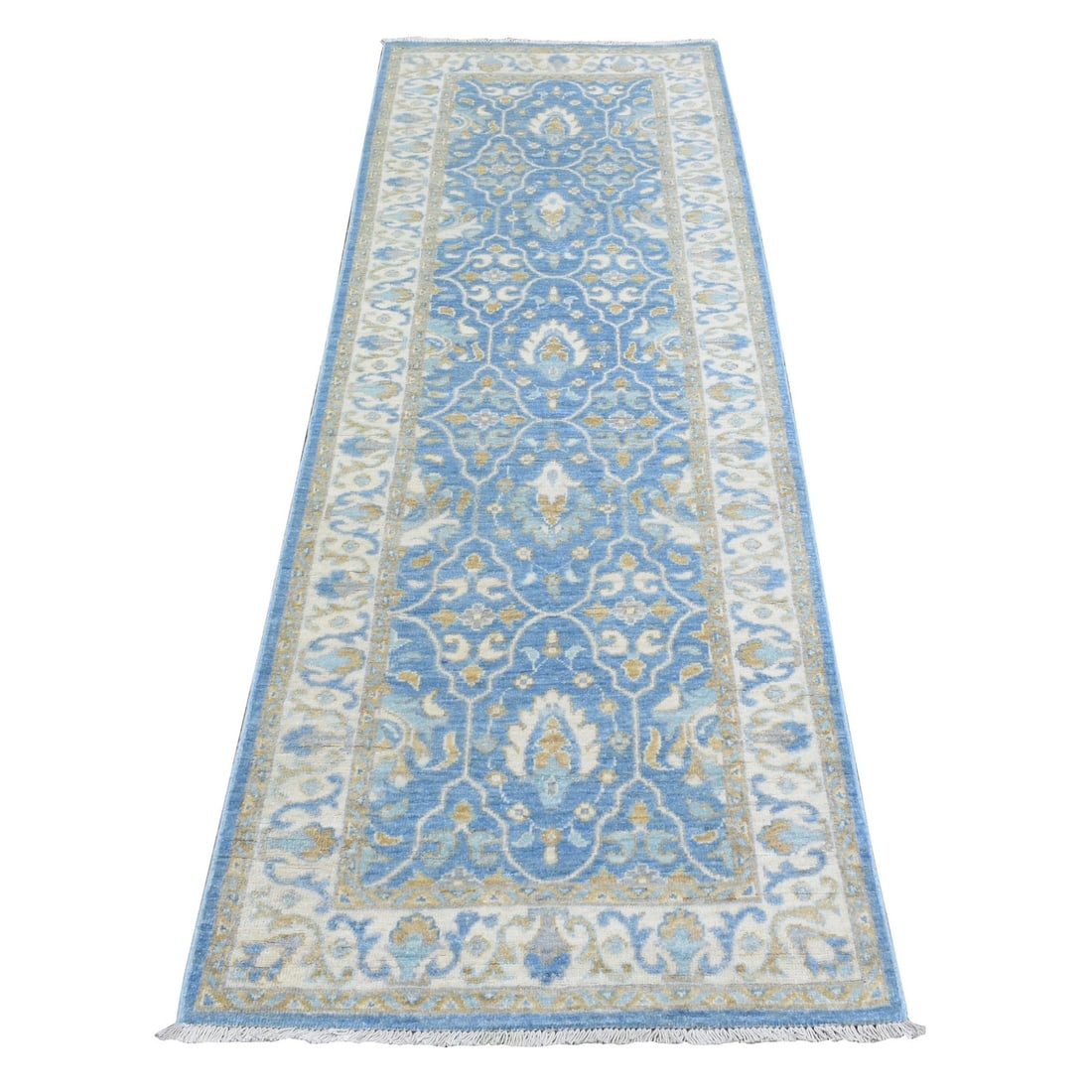 2'7"x7'7" Light Blue Fine Peshawar Velvety Wool Hand Knotted Runner Rug: 2'7"x7'7" Light Blue Fine Peshawar Velvety Wool Hand Knotted Runner Rug Light blue fine Peshawar velvety wool hand knotted runner rug measures 2'7" x 7'7". Made from 100% wool, its unique color and si