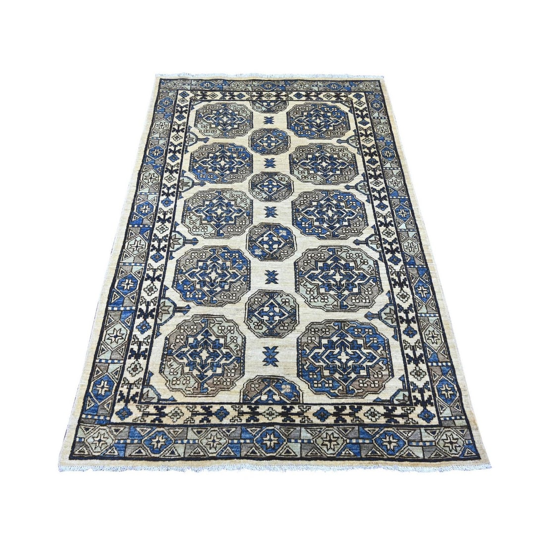 Hand Knotted Ivory Afghan Ersari with Elephant Feet Design Wool Rug: Hand Knotted Ivory Afghan Ersari with Elephant Feet Design Wool Rug Hand-knotted with meticulous attention to detail, this stunning ivory wool Afghan Ersari rug boasts an intricate elephant feet desig