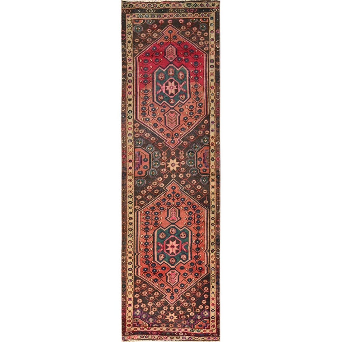 2'9"x10' Brown Vintage Zoroastrian Khamadan Hand Knotted Pure Wool Runner: 2'9"x10' Brown Vintage Zoroastrian Khamadan Hand Knotted Pure Wool Runner Hand-knotted in pure wool, this stunning 2'9"x10' Brown Zoroastrian Khamadan runner boasts a rich geometric pattern and warm b