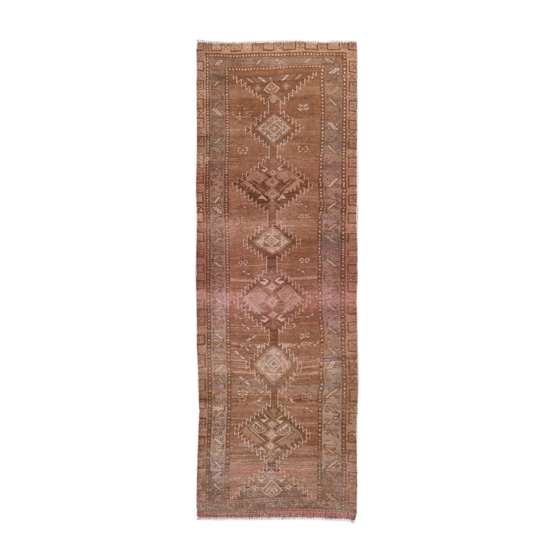 3'3"x9'8" Brown Vintage Zoroastrian Sheeraz Wool Hand Knotted Runner Rug: 3'3"x9'8" Brown Vintage Zoroastrian Sheeraz Wool Hand Knotted Runner Rug The 3'3"x9'8" Brown Vintage Zoroastrian Sheeraz Wool Hand Knotted Runner Rug boasts a striking geometric design, characteristic
