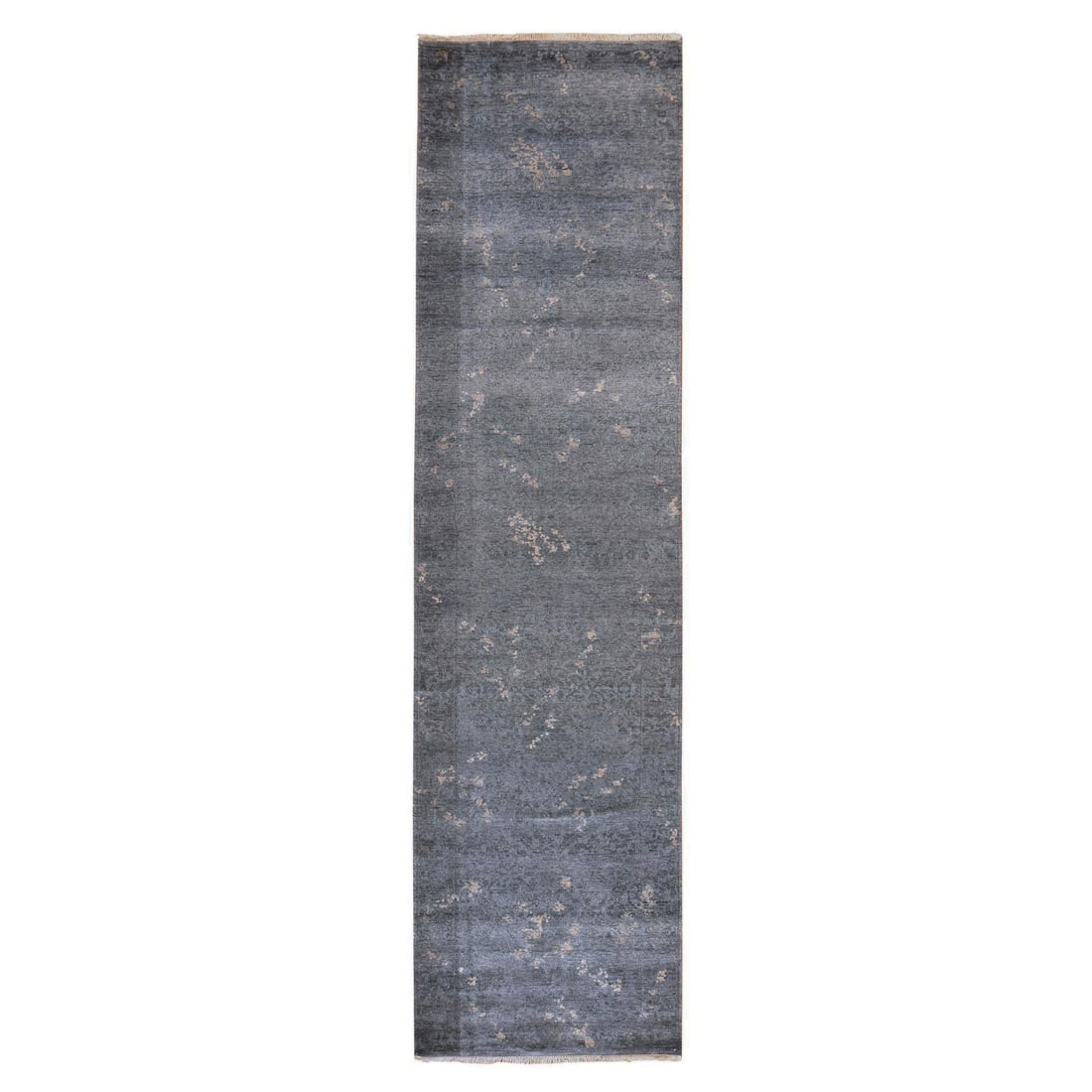 3'x11'9" Charcoal Gray Modern Design Hand Knotted Art Silk Runner Rug: 3'x11'9" Charcoal Gray Modern Design Hand Knotted Art Silk Runner Rug Modern design meets traditional craftsmanship in this stunning Charcoal Gray Hand Knotted Art Silk Runner Rug, boasting an all-ove