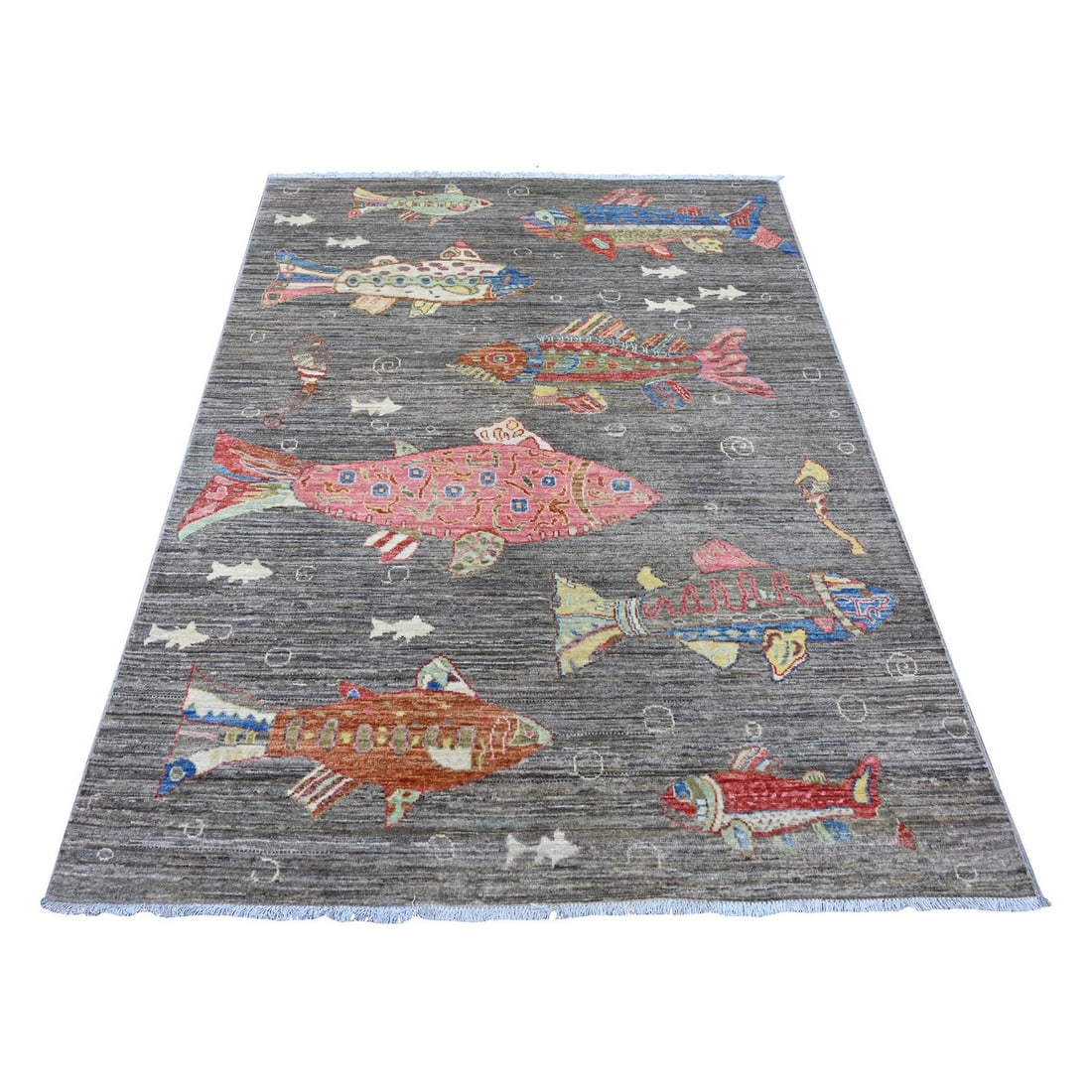 5'x6'6" Fossil Gray Afghan Peshawar Fish Design Hand Knotted Soft Wool Rug (1 of 6)