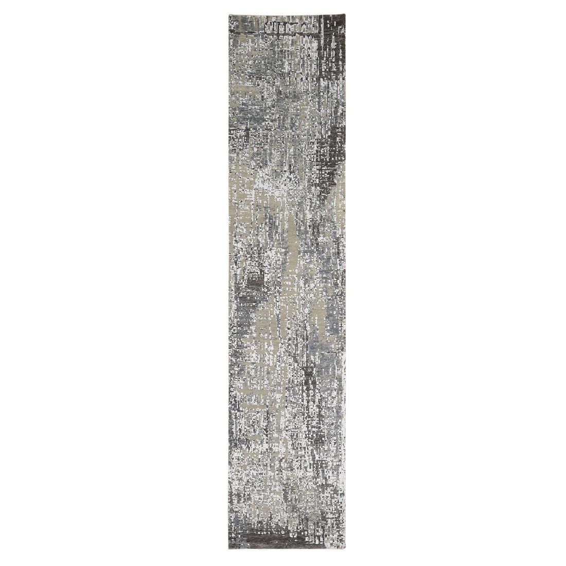2'6"x12' Abstract Design Wool Denser Weave Hand Knotted Runner Rug: 2'6"x12' Abstract Design Wool Denser Weave Hand Knotted Runner Rug Grey wool hand-knotted runner rug with an abstract design, measuring 2'6" x 12', features a dense weave and no border. The oriental-s