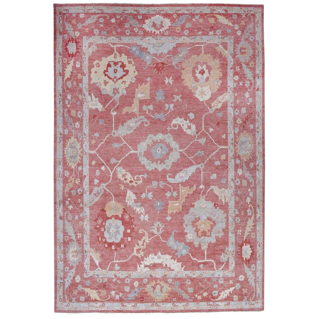 Hand knotted oversized pink wool rug chestnut oushak angora 13'9"x19: Hand knotted oversized pink wool rug chestnut oushak angora 13'9"x19 Oversized pink wool rug with an Afghan-inspired design, measuring 13'9"x19', hand-knotted from high-quality wool and featuring a vi