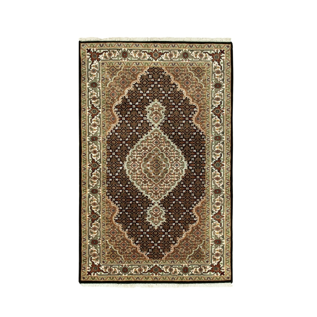 3'1"x5'6" Rich Black Tebraz Mahi 250 KPSI Wool Hand Knotted Rug: 3'1"x5'6" Rich Black Tebraz Mahi 250 KPSI Wool Hand Knotted Rug Richly textured and hand-knotted, this 3'1"x5'6" Oriental-style wool rug boasts a stunning brown field with intricate patterns. Made fro