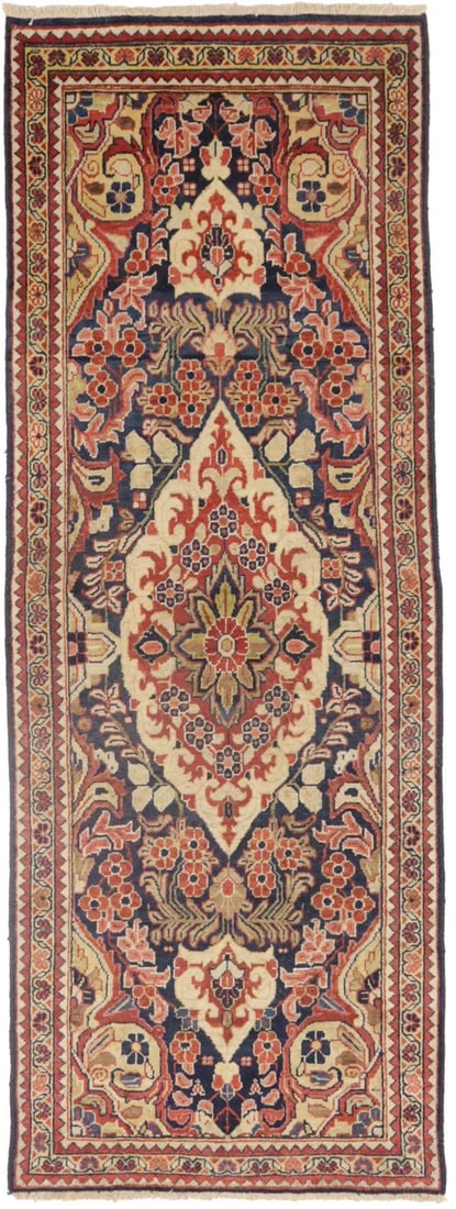 3'5 X 10'1 Semi-Antique Vintage Runner Rug Floral Design Carpet 3X10 Ft Hand-Knotted: 3'5 X 10'1 Semi-Antique Vintage Runner Rug Floral Design Carpet 3X10 Ft Hand-Knotted Hand-knotted in wool, this semi-antique vintage runner rug boasts a stunning floral design and a rich, dark navy cr