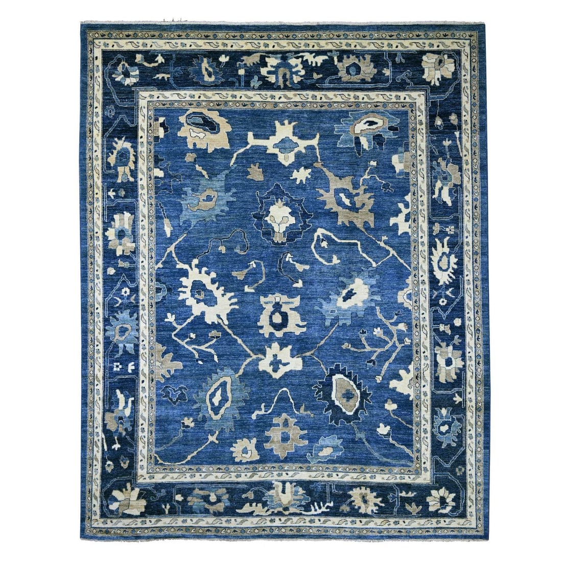 12'x14'10" Blue Angora Oushak with Leaf Design Hand Knotted Wool XL: 12'x14'10" Blue Angora Oushak with Leaf Design Hand Knotted Wool XL The Blue Angora Oushak with Leaf Design is a stunning hand-knotted wool rug, measuring 11'11" x 14'10". Its all-over leaf design in 