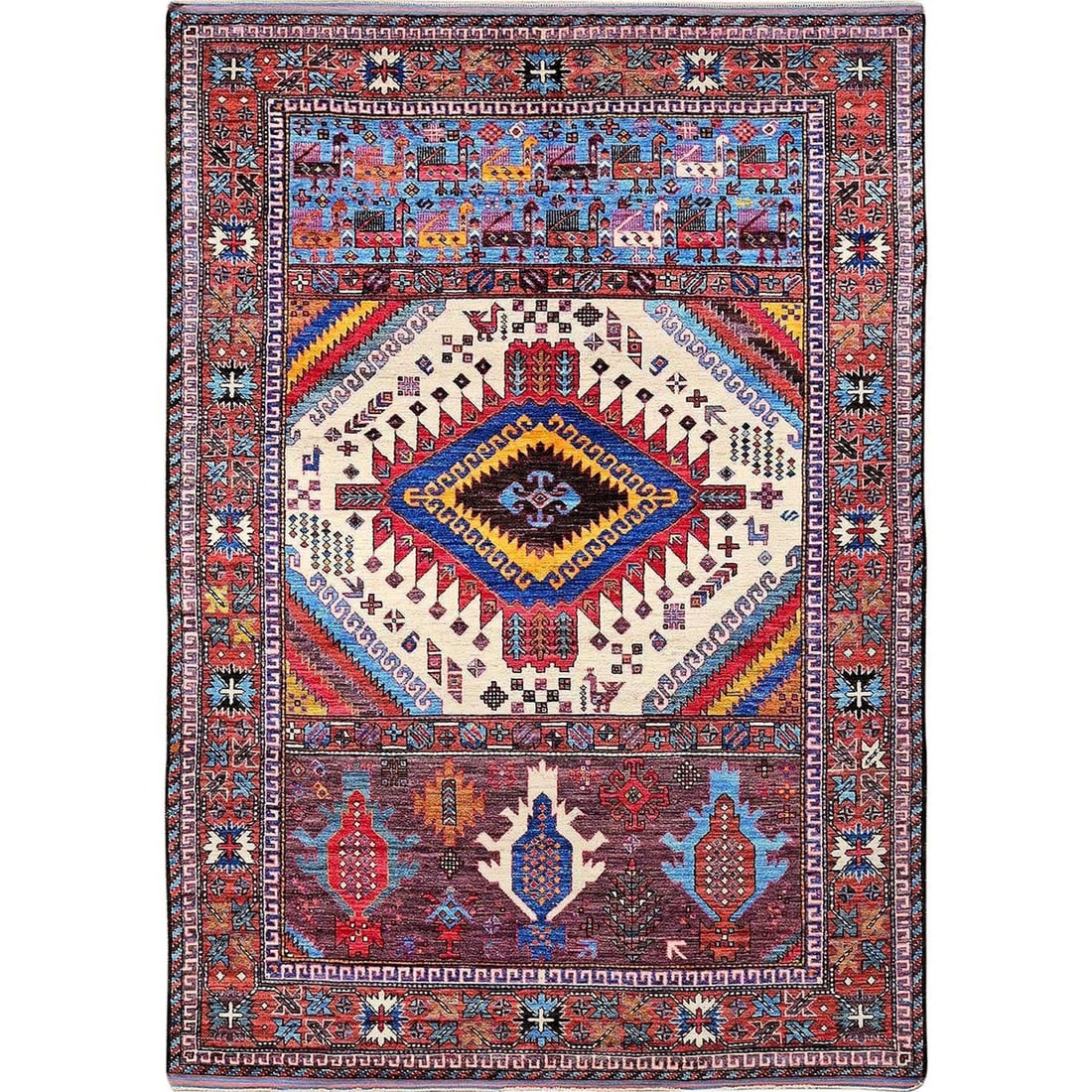 6'x8'6" Ivory Afghan Caucasian Design Revival Hand Knotted Soft Wool Rug: 6'x8'6" Ivory Afghan Caucasian Design Revival Hand Knotted Soft Wool Rug Soft and elegant, this 6'x8'6" ivory wool rug boasts a classic Caucasian design revival pattern. Hand-knotted with premium soft