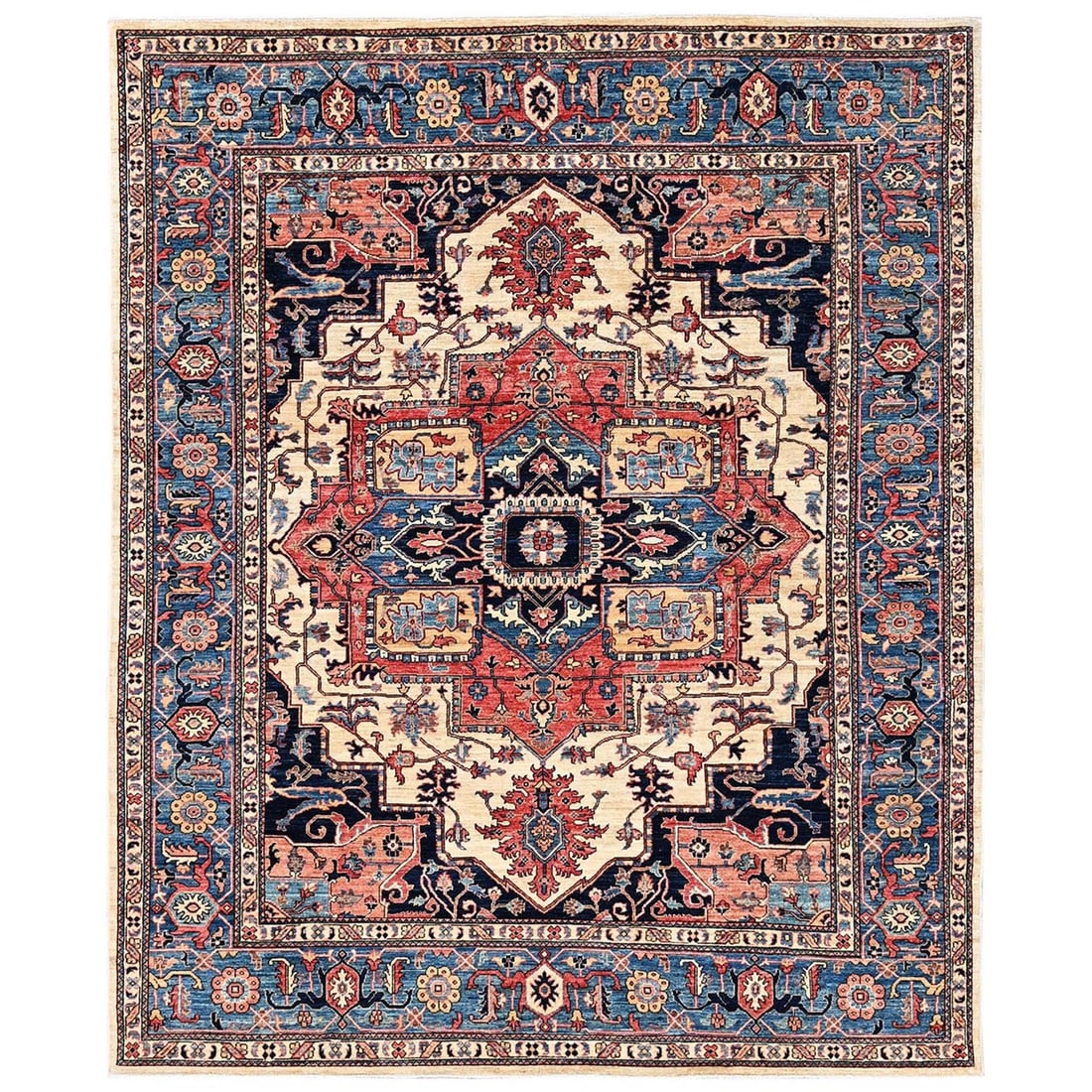 8'1"x9'10" Ivory Seeripe Heris with Medallion Design Hand Knotted Wool Rug: 8'1"x9'10" Ivory Seeripe Heris with Medallion Design Hand Knotted Wool Rug Hand-knotted in wool, this stunning ivory medallion design Heris rug boasts intricate patterns and a rich history from Afghan