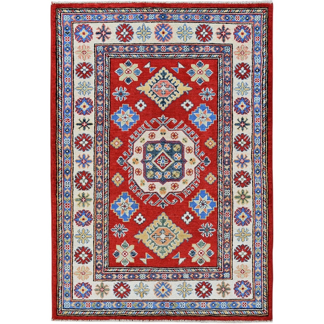 3'3"x4'10" Red Kazak with Geometric Design Hand Knotted Wool Oriental Rug: 3'3"x4'10" Red Kazak with Geometric Design Hand Knotted Wool Oriental Rug Hand-knotted wool Kazak rug with striking geometric design, made from high-quality red wool on a cotton foundation. This vibra