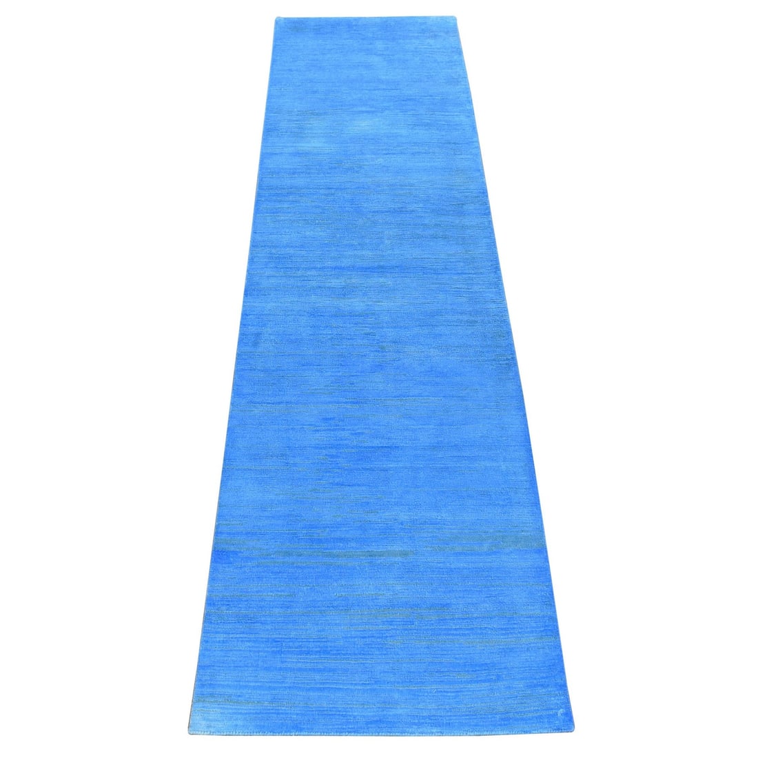 2'5"x10'2" Blue Overdyed Wool Hand Knotted Modern Design Runner Rug: 2'5"x10'2" Blue Overdyed Wool Hand Knotted Modern Design Runner Rug The Blue Overdyed Wool Hand Knotted Modern Design Runner Rug boasts a striking blue hue, achieved through an overdyed process that a
