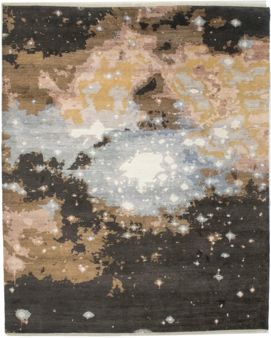 Contemporary Abstract Galaxy Rug Multicolored Modern Carpet Home Decor 8X10 Ft Hand-Knotted: Contemporary Abstract Galaxy Rug Multicolored Modern Carpet Home Decor 8X10 Ft Hand-Knotted Hand-Knotted Wool and Silk Galaxy Rug, measuring 9'10" x 8'0", boasts an abstract modern design with a multi