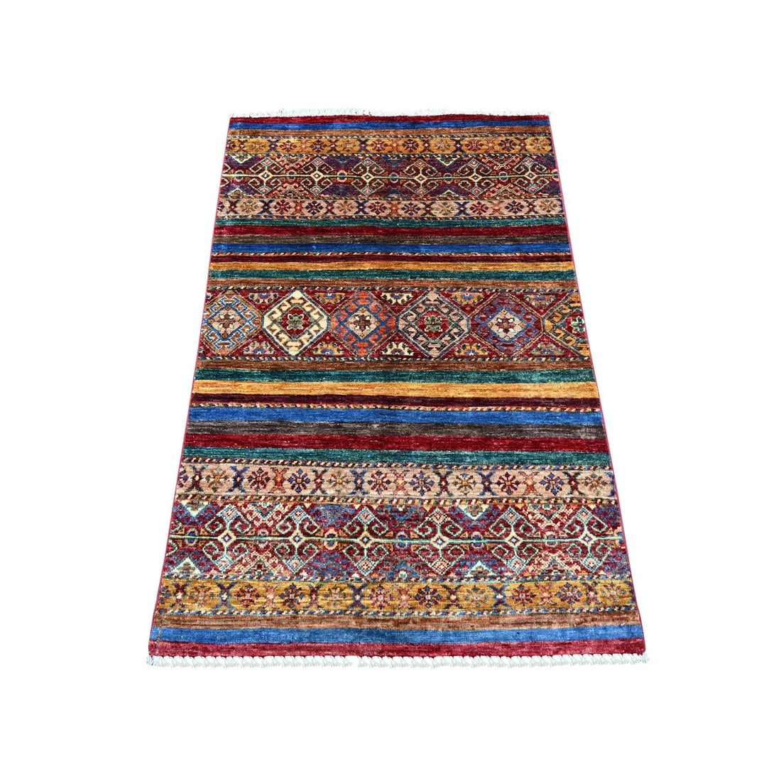 2'10"x4'4" Red Afghan Super Kazak Hand Knotted Pure Wool Sample Mat Rug: 2'10"x4'4" Red Afghan Super Kazak Hand Knotted Pure Wool Sample Mat Rug The Red Afghan Super Kazak Hand Knotted Pure Wool Sample Mat Rug boasts an all-over regional design in vibrant red hues, set aga