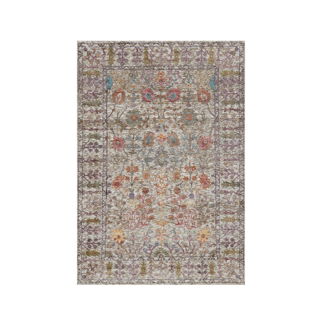 4'x6'1" Daisy White Silk with Textured Wool Hand Knotted Vase Design Rug: 4'x6'1" Daisy White Silk with Textured Wool Hand Knotted Vase Design Rug Hand-knotted in wool and silk, this stunning 4'x6'1" transitional-style rug boasts an intricate design featuring textured wool 