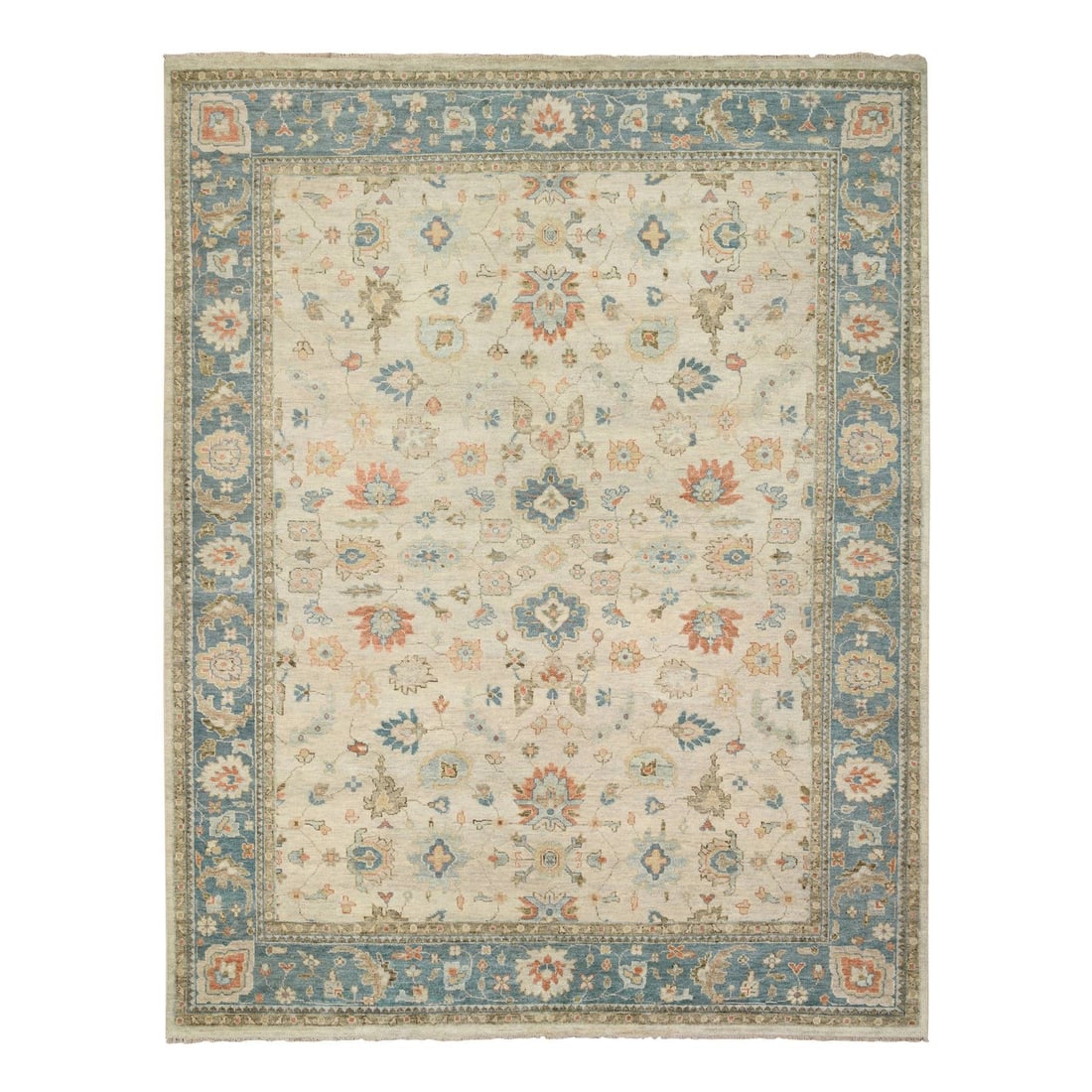 13'10"x18' Light Cream Wool Hand Knotted Oushak Design Oversized Rug: 13'10"x18' Light Cream Wool Hand Knotted Oushak Design Oversized Rug Oushak design hand-knotted wool rug with an oversized rectangular field, featuring a light cream color and intricate pattern in red