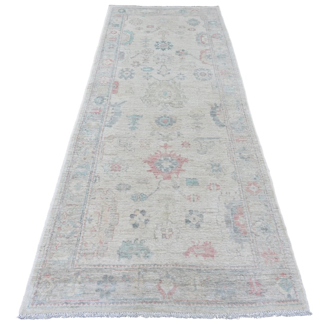 3'10"x10' White Hand Knotted Angora Oushak Leaf Design Wool Runner Rug: 3'10"x10' White Hand Knotted Angora Oushak Leaf Design Wool Runner Rug Hand-knotted with precision, this stunning Afganistan-made Oushak rug boasts an intricate leaf design in ivory wool on a gray bor