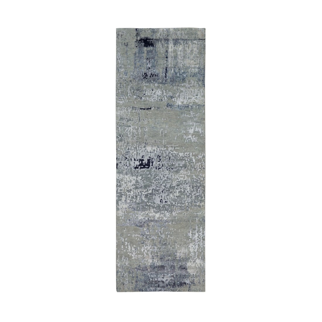 2'8"x7'10" Hand Knotted Silver Blue Modern Abstract Design Runner Rug: 2'8"x7'10" Hand Knotted Silver Blue Modern Abstract Design Runner Rug Hand-knotted in wool and silk, this striking silver blue modern abstract design runner rug boasts an intricate grey field with sub