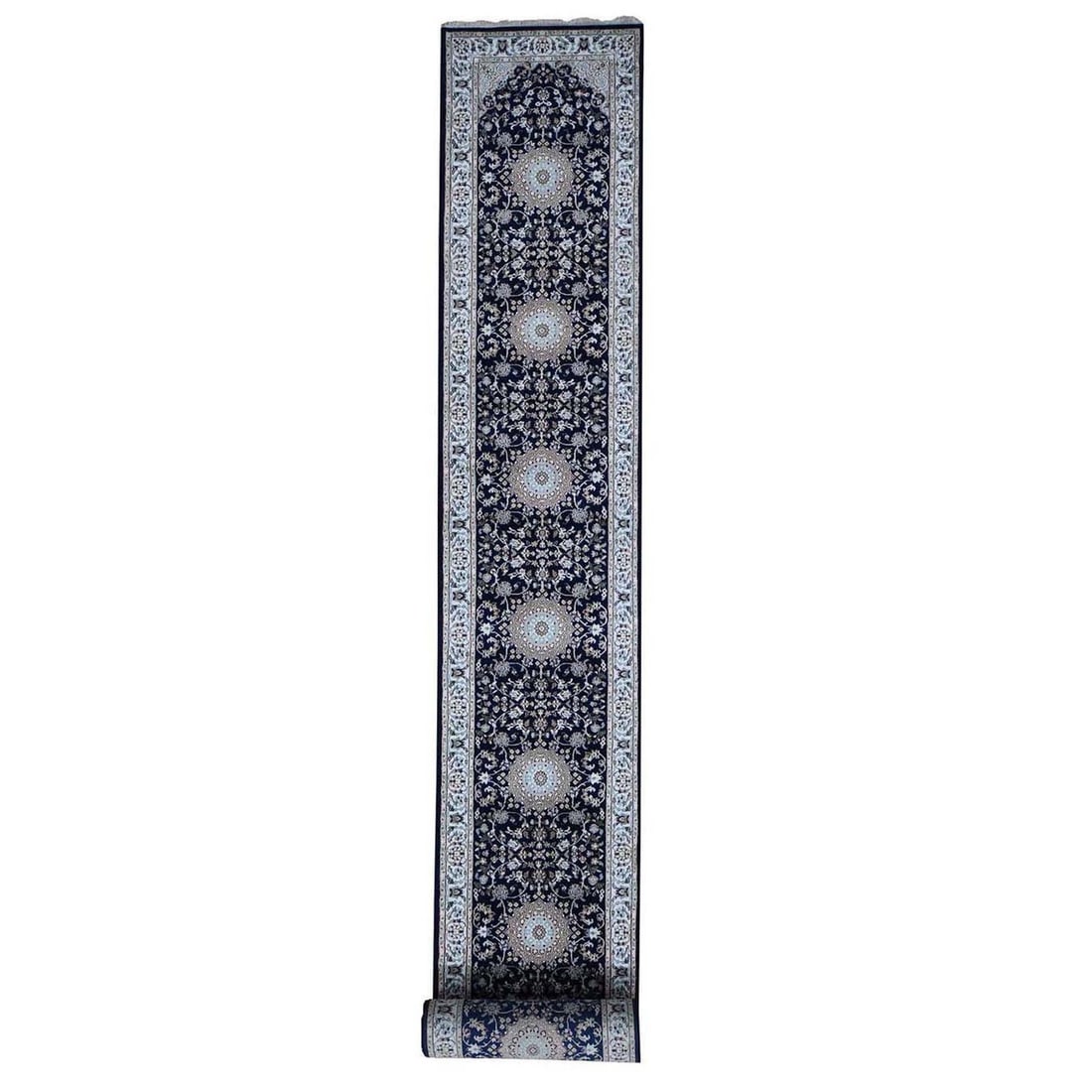 3'x18' Blue Pure Wool 250 KPSI Nain XL Runner Hand Knotted Oriental Rug: 3'x18' Blue Pure Wool 250 KPSI Nain XL Runner Hand Knotted Oriental Rug The Nain XL Runner hand-knotted Oriental rug boasts a stunning blue field with intricate patterns in light blue, gray, red, gree