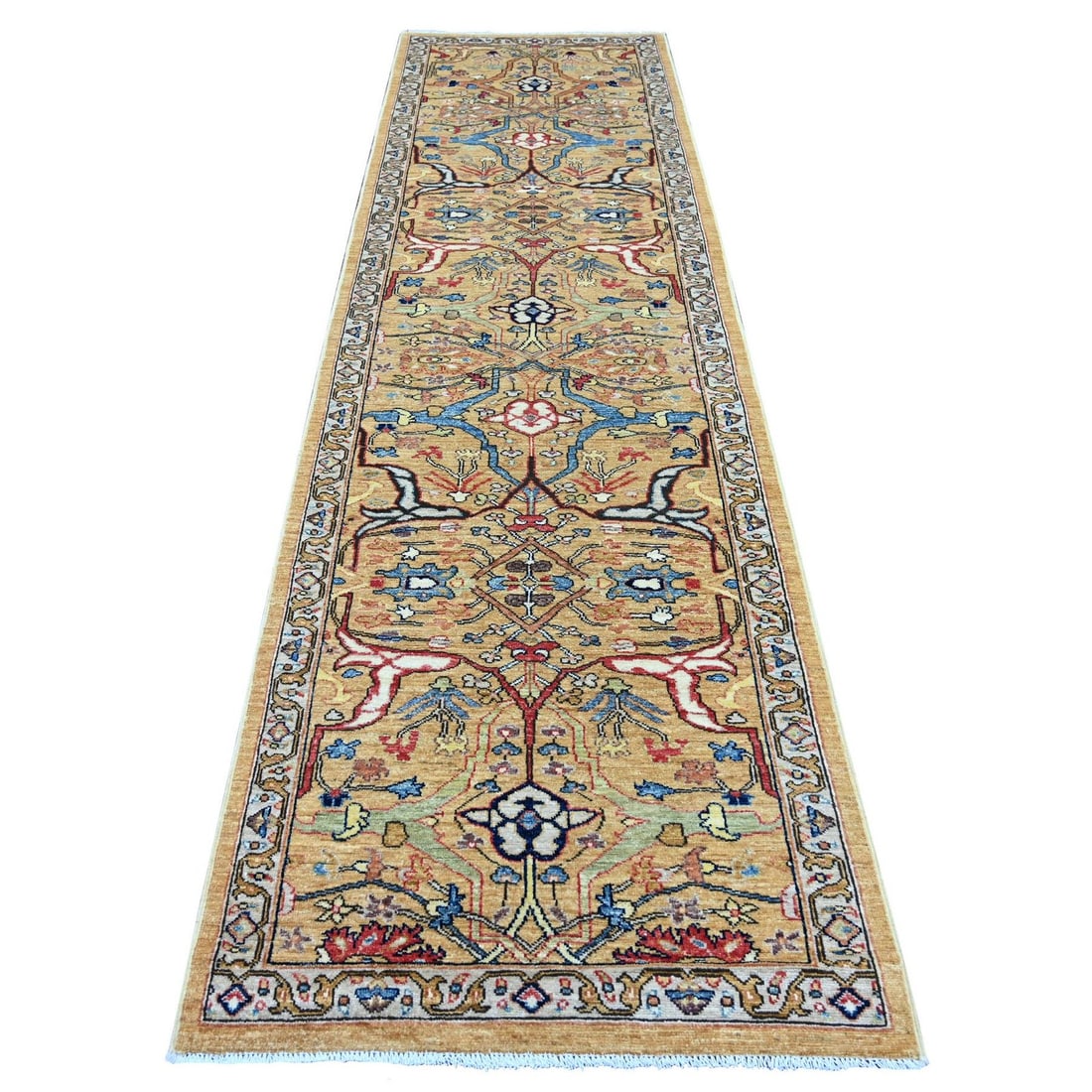 3'1"x11'5" Yellow Peshawar with Bijar Garus Design Hand Knotted Wool Runner (1 of 6)