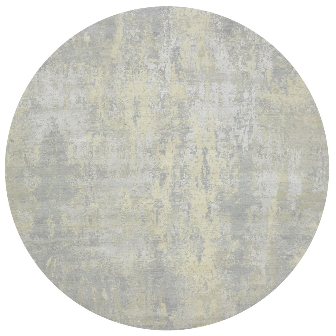 11'10"x11'10" Gray Abstract Design Wool and Silk Hand Knotted Round Rug: 11'10"x11'10" Gray Abstract Design Wool and Silk Hand Knotted Round Rug This stunning 11'10"x11'10" gray abstract design wool and silk hand knotted round rug boasts an eye-catching gray color and uniq