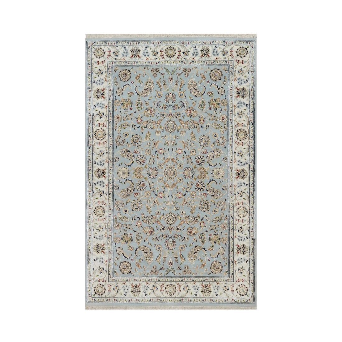 6'x9'4" Light Blue Nain Wool & Silk Hand Knotted 250 KPSI Oriental Rug: 6'x9'4" Light Blue Nain Wool & Silk Hand Knotted 250 KPSI Oriental Rug 6'x9'4" Light Blue Nain Wool & Silk Hand Knotted Rug boasts an all-over regional design in a stunning blue hue, complemented by s