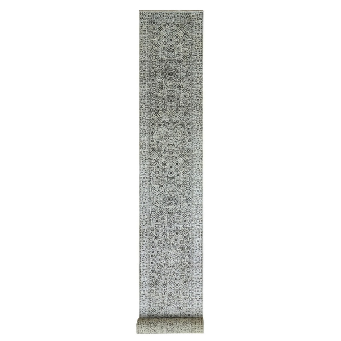 2'10"x21'10" White Mamluk Dynasty Undyed Wool Hand Knotted Runner Rug: 2'10"x21'10" White Mamluk Dynasty Undyed Wool Hand Knotted Runner Rug This stunning ivory Mamluk Dynasty undyed wool hand-knotted runner rug boasts an impressive 21'10" length, making it a striking ce