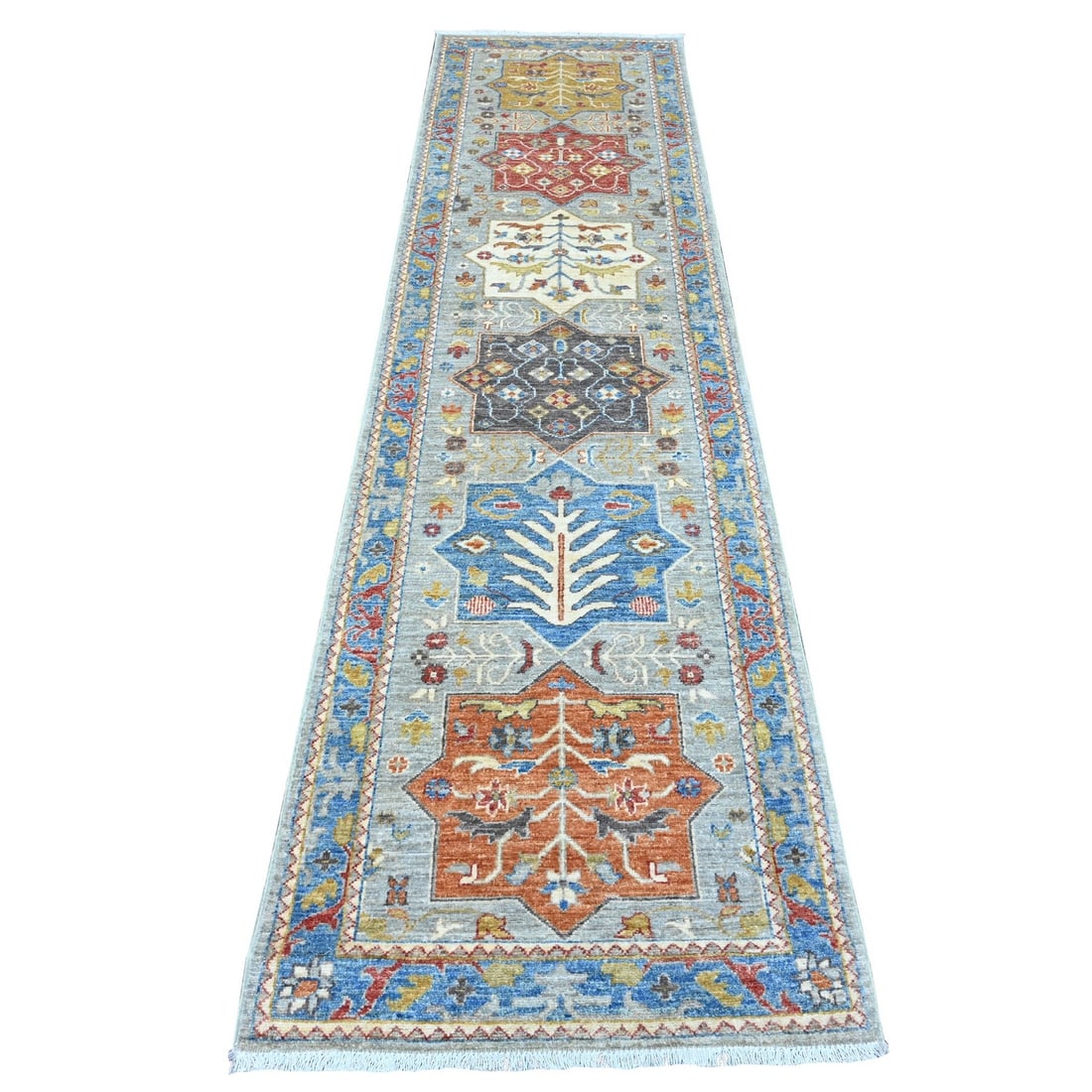 2'7"x10'2" Gray Caucasian Akstafa Design Hand Knotted All Wool Runner Rug: 2'7"x10'2" Gray Caucasian Akstafa Design Hand Knotted All Wool Runner Rug Hand-knotted in wool, this 2'7"x10'2" gray Caucasian Akstafa design runner rug boasts a stunning geometric pattern and rich, e