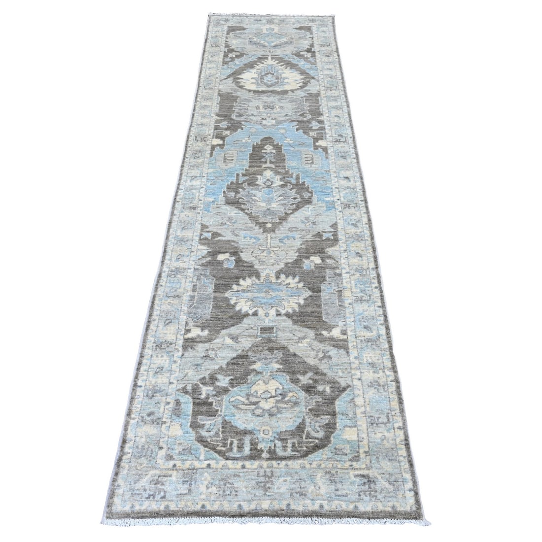 2'6"x9'7" Gray Ziegler Mahal Dragon Design Hand Knotted Wool Runner Rug: 2'6"x9'7" Gray Ziegler Mahal Dragon Design Hand Knotted Wool Runner Rug The Peshawar Type Gray Ziegler Mahal Dragon Design Hand Knotted Wool Runner Rug boasts an impressive size, measuring 2'6" x 9'7"