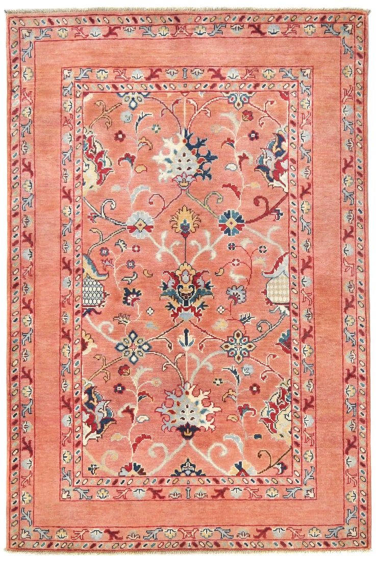 Hand-Knotted Kazak Oushak Rug 4X6 Pakistan Floral Oriental Entryway Carpet Hand-Knotted: Hand-Knotted Kazak Oushak Rug 4X6 Pakistan Floral Oriental Entryway Carpet Hand-Knotted Hand-knotted with precision, this 4'0 x 5'10" Kazak Oushak rug boasts a vibrant floral pattern in coral cream an