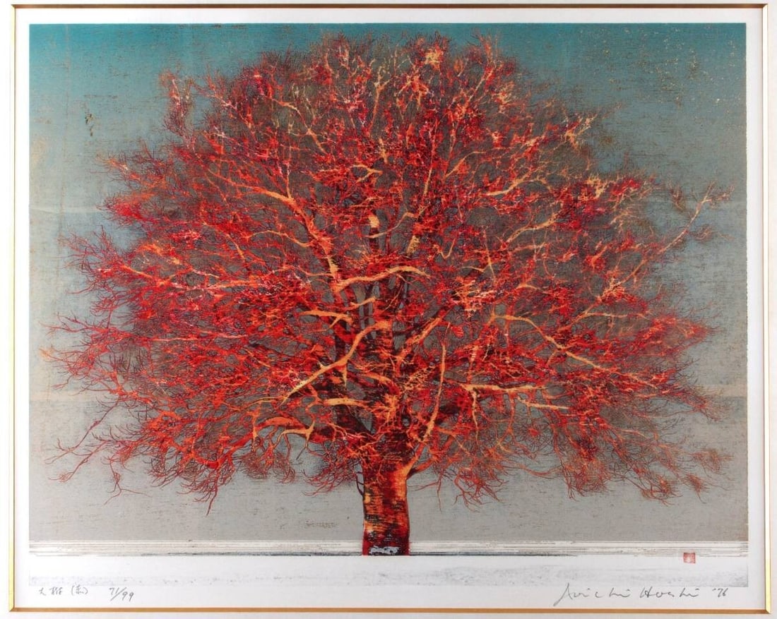 Joichi Hoshi Big Tree Red Woodblock Print 1976 Signed Limited 71/ 99 Framed (1 of 6)