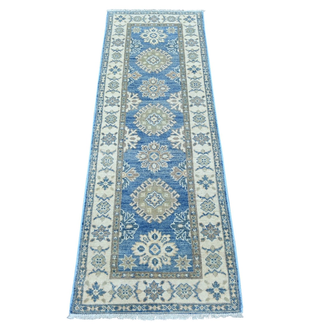 2'x5'8" Blue Vintage Look Kazak Tribal Medallions Wool Hand Knotted Runner: 2'x5'8" Blue Vintage Look Kazak Tribal Medallions Wool Hand Knotted Runner Blue Vintage Look Kazak Tribal Medallions Wool Hand Knotted Runner features a stunning medallion pattern in blue, surrounded 
