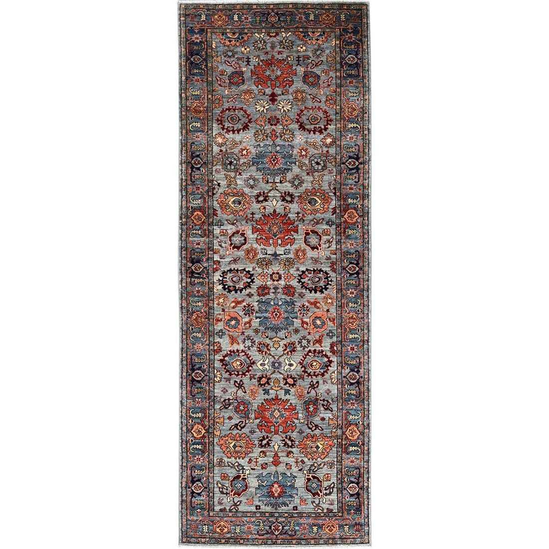 Agate Gray Heris Hand Knotted Wool 4'1"x11'9" All Over Design Runner Rug: Agate Gray Heris Hand Knotted Wool 4'1"x11'9" All Over Design Runner Rug Agate Gray Heris Hand Knotted Wool runner rug boasts an all-over design in a stunning grey hue, measuring 4'1" x 11'9". Made fr