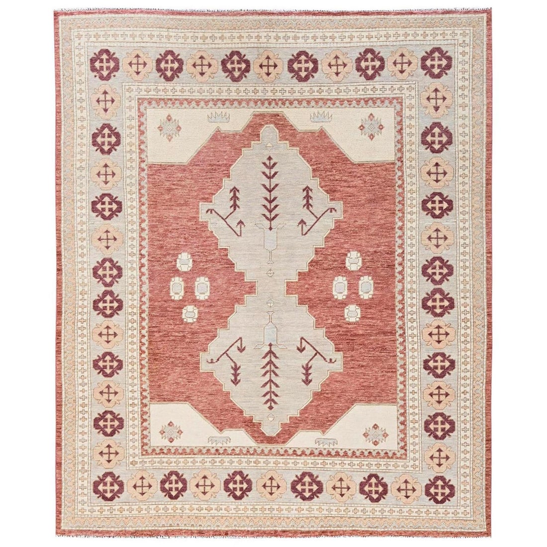 7'9"x9'6" Coral Red Anatolian Village Design Hand Knotted Wool Oriental Rug: 7'9"x9'6" Coral Red Anatolian Village Design Hand Knotted Wool Oriental Rug 7'9"x9'6" Coral Red Anatolian Village Design Hand Knotted Wool Oriental Rug - A stunning example of traditional Anatolian de