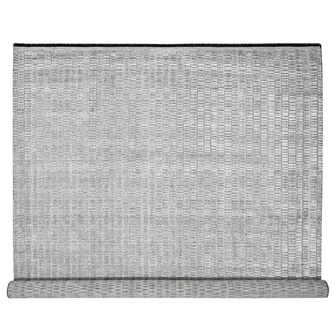 10'x14'4" Gray and Black Hand Loomed Modern Design Wool and Silk Rug: 10'x14'4" Gray and Black Hand Loomed Modern Design Wool and Silk Rug Modern design meets traditional craftsmanship in this stunning 10'x14'4" gray and black hand loomed wool and silk rug. With its rec