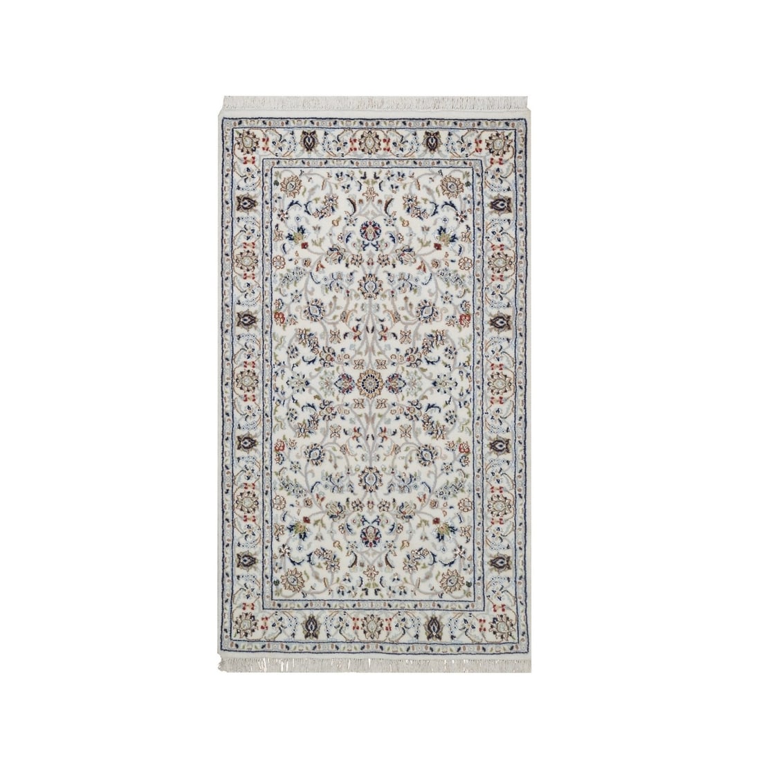 3'x5'2" Ivory Nain with Flower Design Wool Silk Hand Knotted 250 KPSI Rug: 3'x5'2" Ivory Nain with Flower Design Wool Silk Hand Knotted 250 KPSI Rug Hand-knotted in wool and silk, this stunning 3'x5'2" Nain-style rug boasts an intricate all-over flower design in a rich ivory