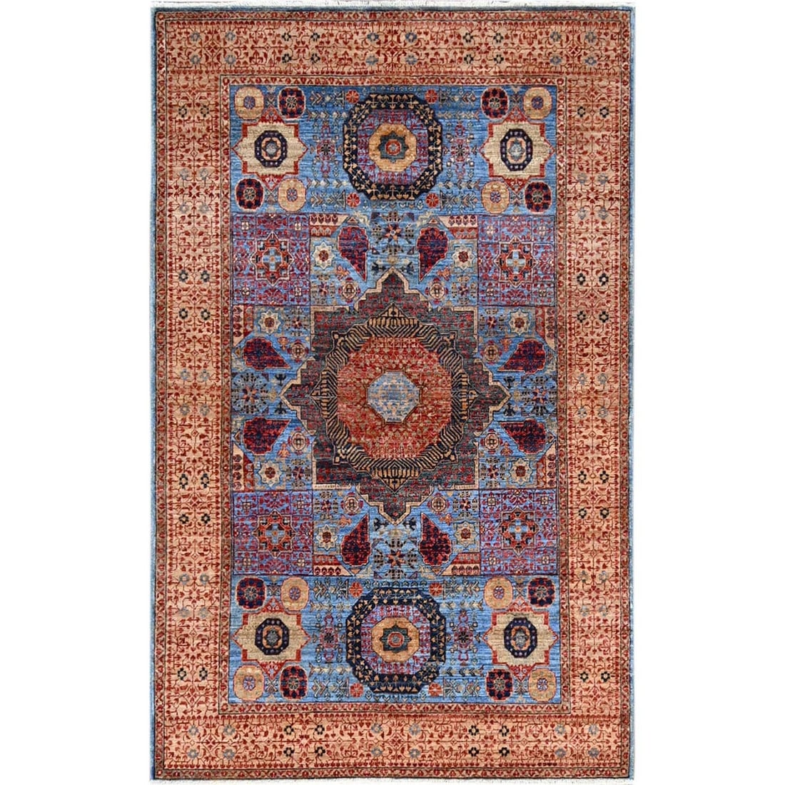 4'x6'5" Azure Blue Hand Knotted Wool Medallions Design Mamluk Dynasty Rug: 4'x6'5" Azure Blue Hand Knotted Wool Medallions Design Mamluk Dynasty Rug Azure Blue Hand Knotted Wool Medallions Design Mamluk Dynasty Rug features an intricate rectangular field with a flatweave des