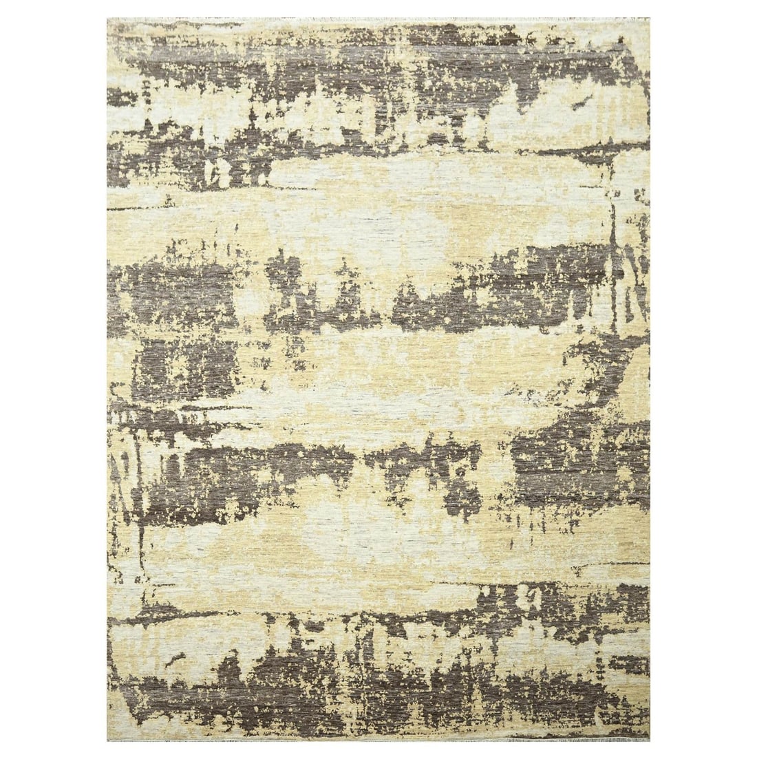 Modern Abstract Ivory Brown 9'x12 Hand Knotted Wool Silk Rug: Modern Abstract Ivory Brown 9'x12 Hand Knotted Wool Silk Rug Modern Abstract Ivory Brown Hand Knotted Wool Silk Rug, measuring 8'11" x 12'0" in a unique abstract field design, features a subtle combin